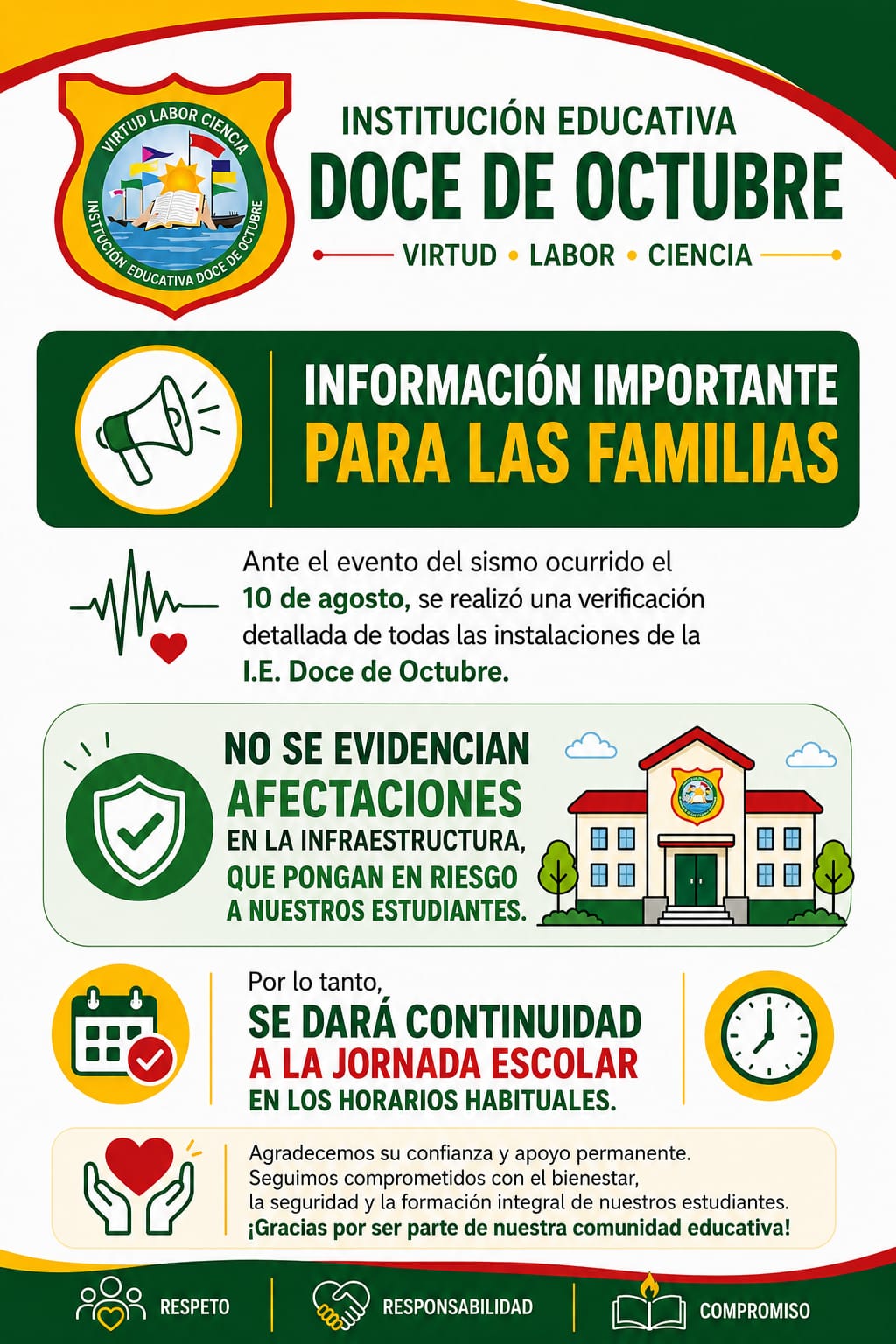 Institución Educativa Doce de Octubre brinda información a las familias tras el sismo del 10 de agosto